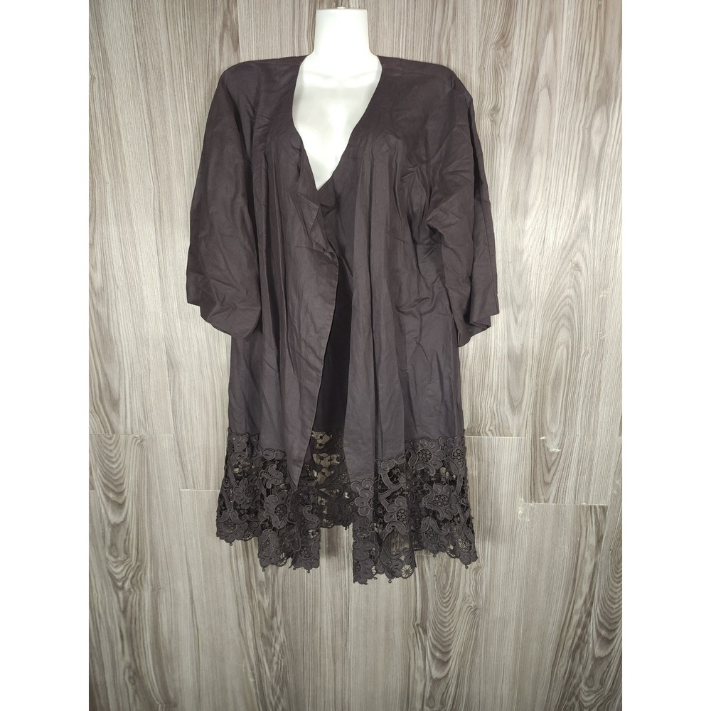 Zara Gray Open Front Long Sleeve Lace Trim Cardigan Womens Size Large
